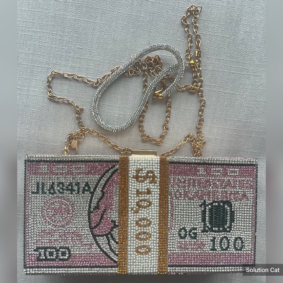 Pink Dollar Style Evening Bag with Diamond Design Shoulder Bag/Wallet/Clutch - Picture 4 of 7